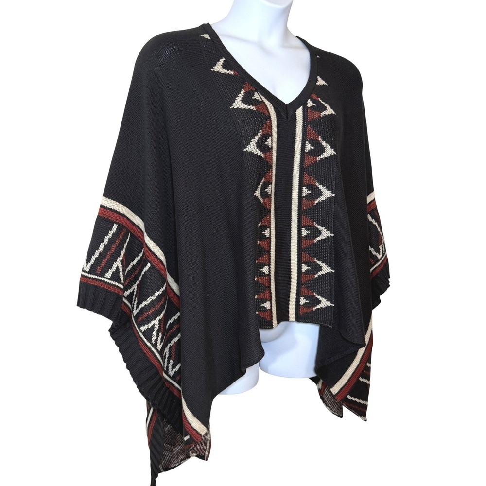 Tribal Print Poncho Sweater Womens S/M Goddis Black Knit southwest navajo boho